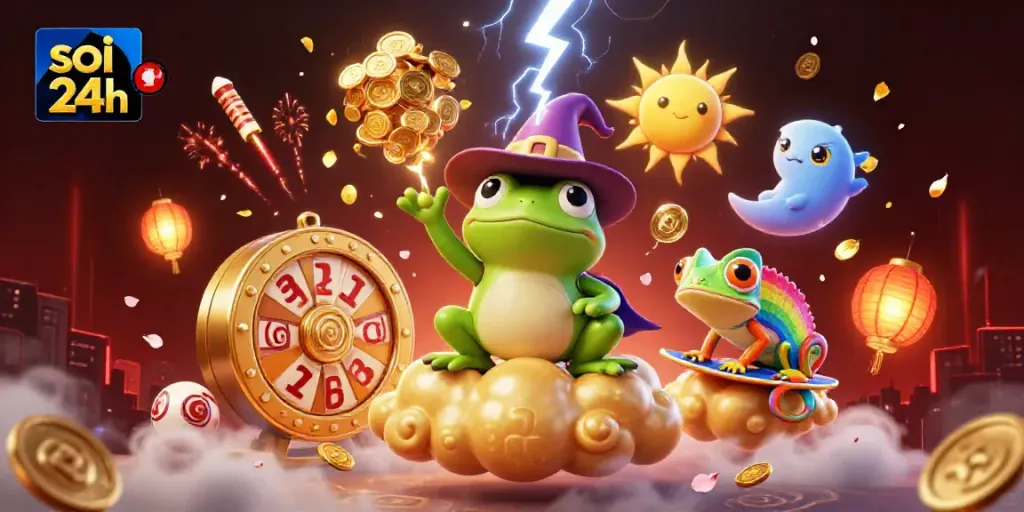 Soi cầu 24h showcases a whimsical lottery-themed scene with frogs and chameleons amid golden treasures.