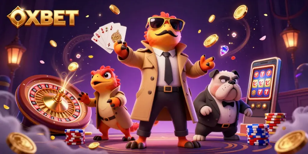 Experience the thrilling ambiance of OXBET as three raptors amusingly disguise themselves to enter a VIP casino lounge.