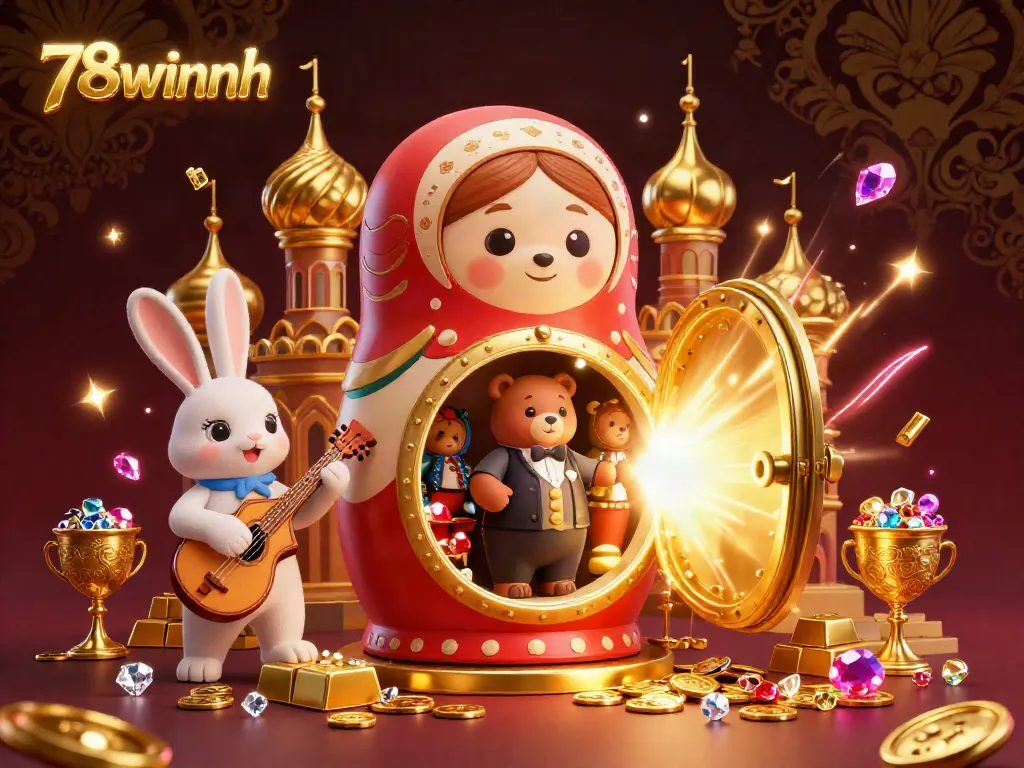 Experience the thrill of winning at 78winnh with dazzling treasures and cartoon characters in a vivid casino scene.