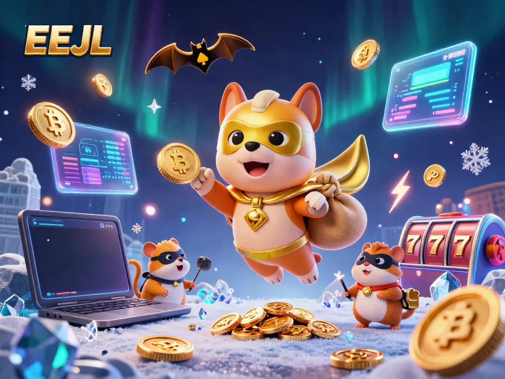 Experience thrilling gameplay with EEJL's superhero dog flying over rich casino visuals and crypto elements.