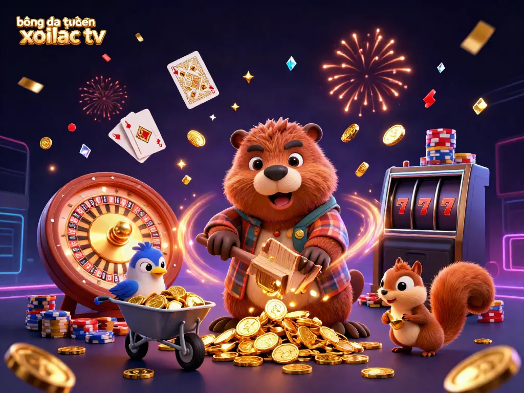 Experience bóng đá trực tuyến xoilac tv in a vivid 3D scene featuring a beaver, bird, and squirrel collecting coins from a tree.