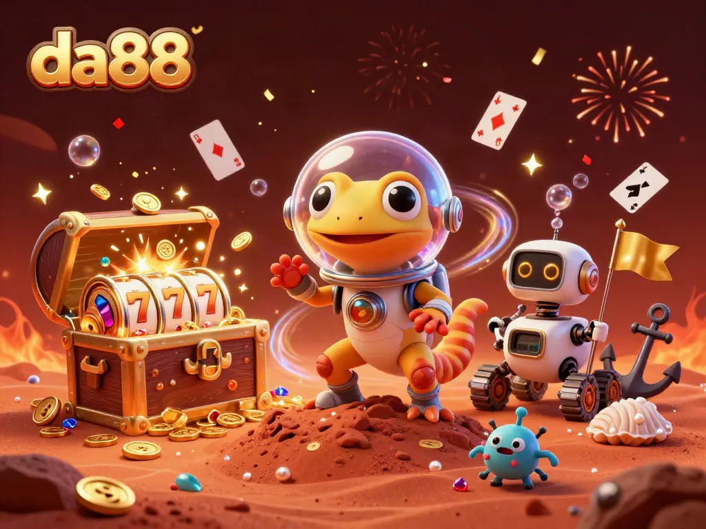Experience the thrill of da88 in a 3D casino scene with Martian gecko discovering riches and vibrant games.