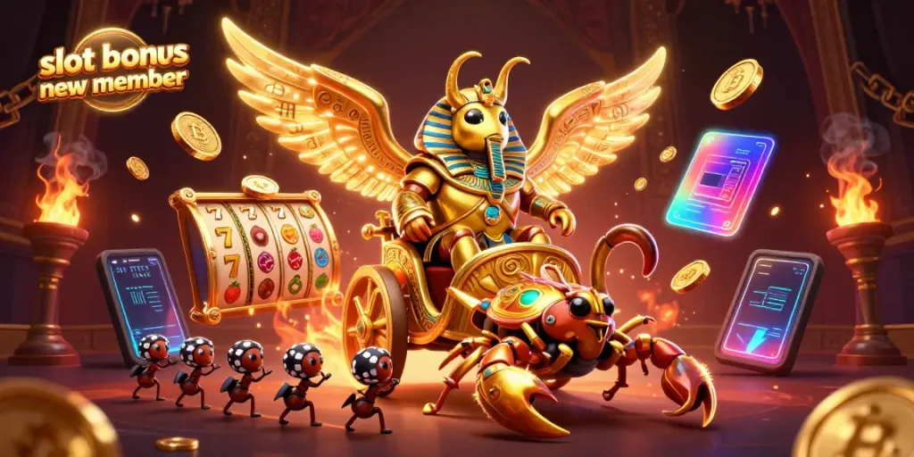 Experience the thrill of gaming with slot bonus new member in an exciting 3D casino illustration.