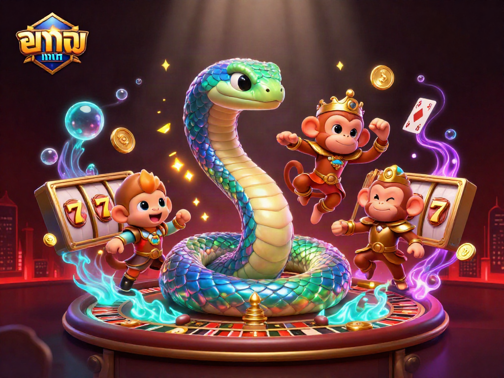 Experience thrilling แทงบาคาร่า action with a vibrant scene featuring a rainbow serpent and monkey king.
