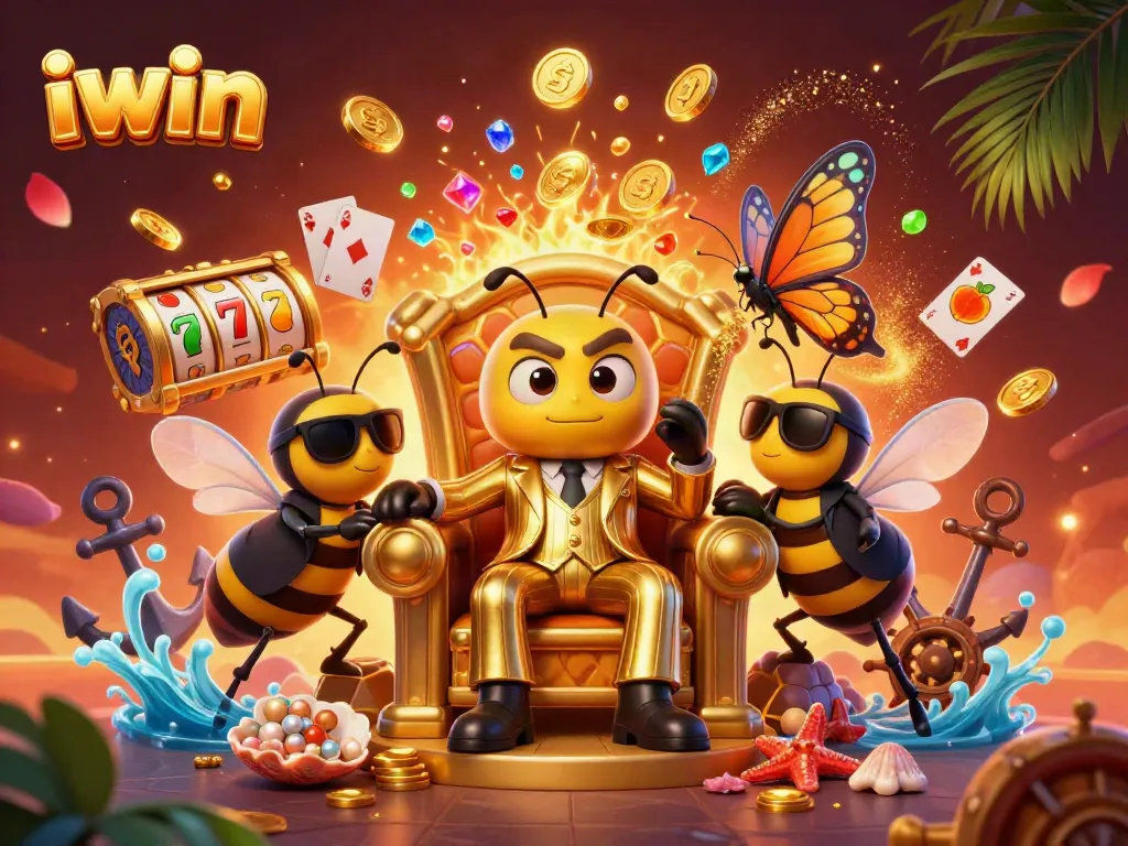 Engage in thrilling iwin slot adventures with a cartoon bumblebee mob boss surrounded by vibrant gaming elements.