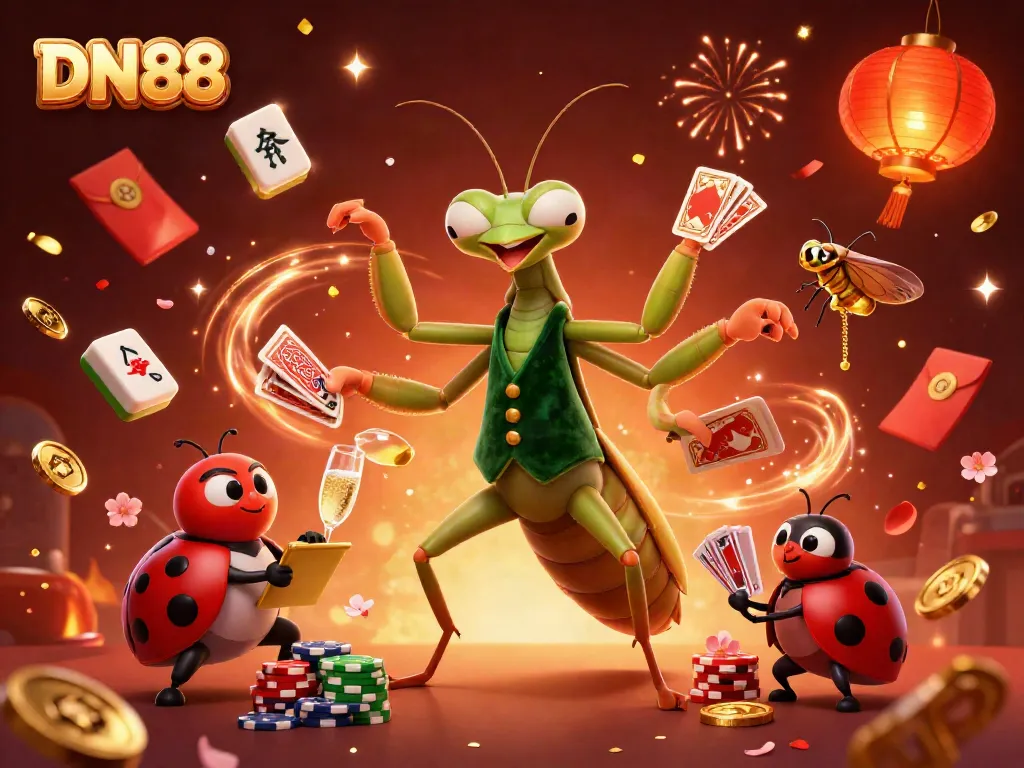 Experience the excitement of DN88 with a dynamic 3D casino scene featuring unique characters and festive decorations.