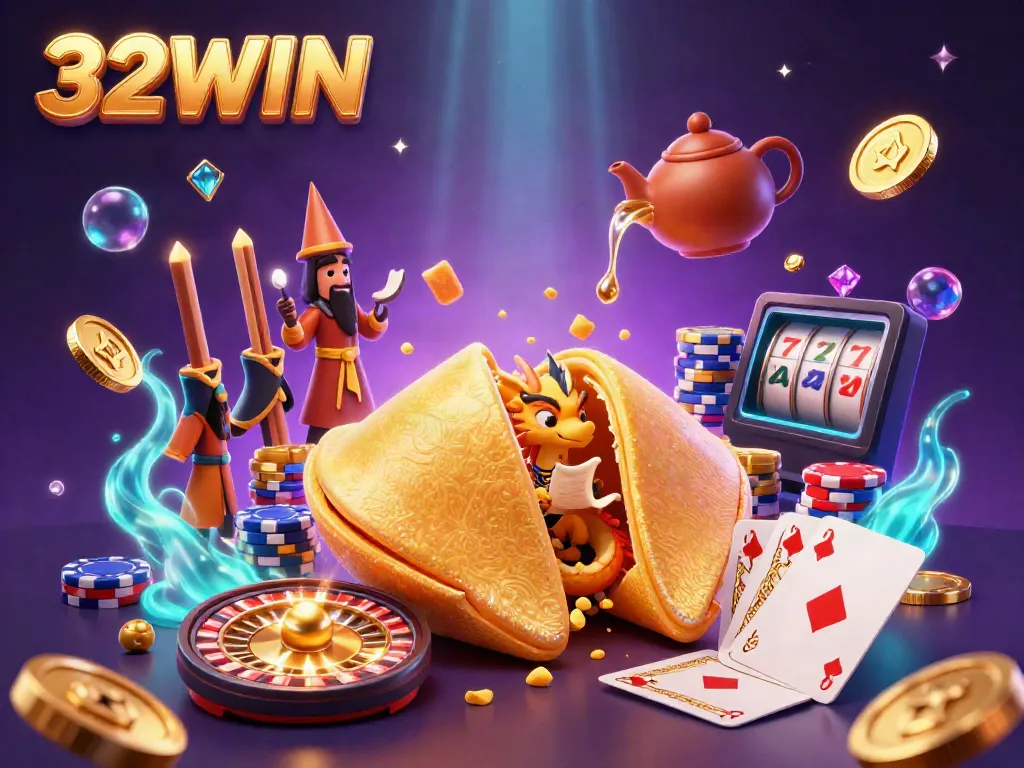 Experience thrilling gaming adventures with 32WIN, featuring a vibrant scene of a giant golden fortune cookie and dynamic casino elements.