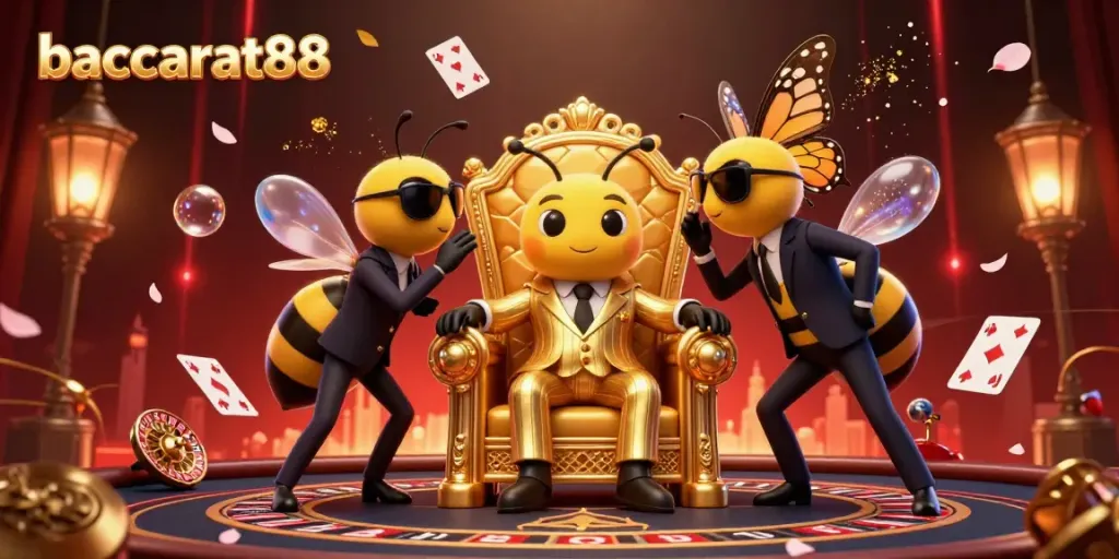 Experience the vibrant atmosphere of baccarat88 with thrilling gaming elements in a dynamic casino scene.