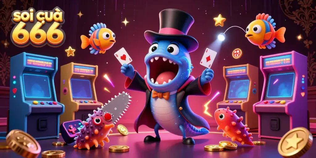 Soi cầu 666 showcases a bioluminescent eel performing magic tricks in a vibrant casino atmosphere.