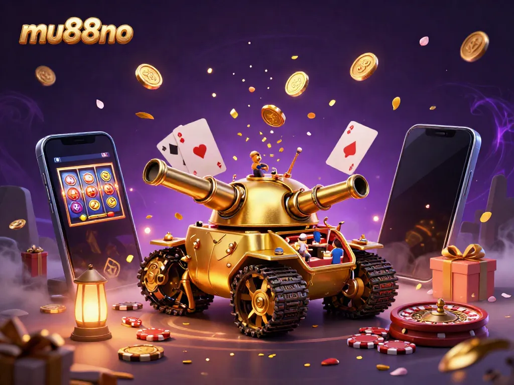 Experience the fun at mu88no's casino mini world with a gold beetle tank and vibrant gaming elements.