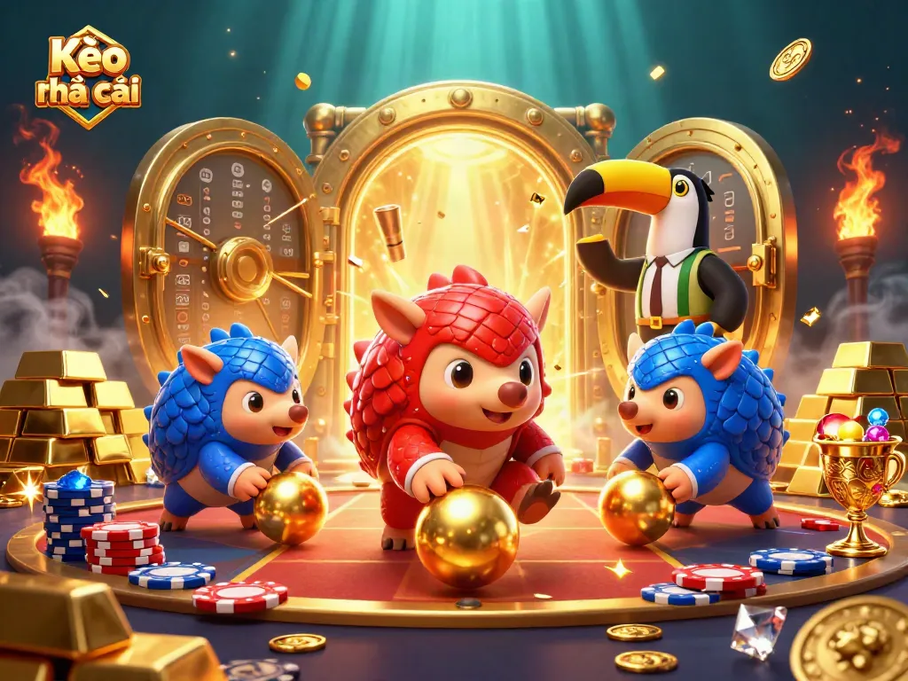 Experience the excitement of Kèo nhà cái with animated pangolins in a vibrant gambling scene filled with treasures.