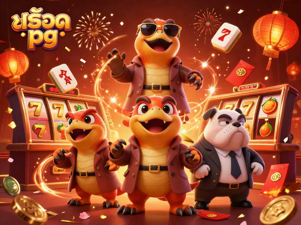 Engage with สล็อต pg through spinning slot reels and festive elements in this vibrant casino scene.