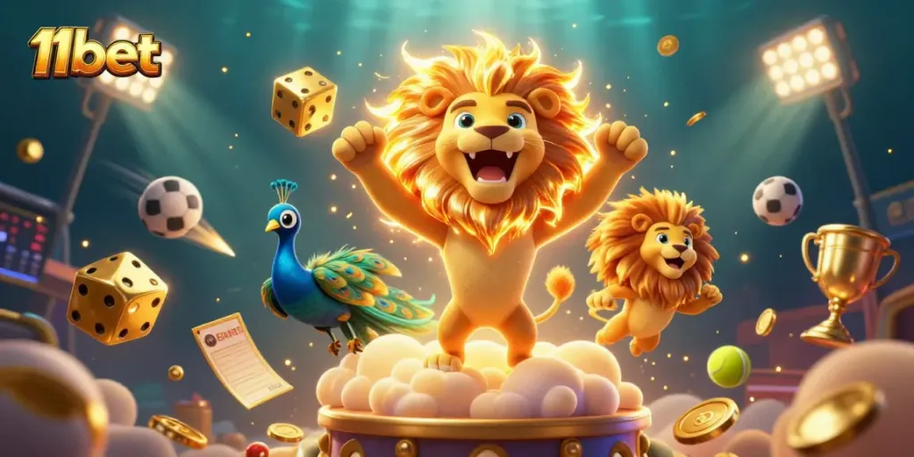 Engage in thrilling casino action with 11bet's vibrant 3D gambling illustration featuring dynamic game elements.