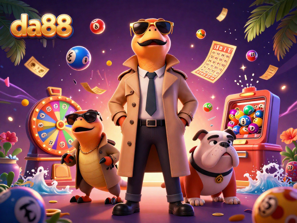 da88 showcases cartoon raptors trying to sneak into a casino, featuring vibrant lottery elements.