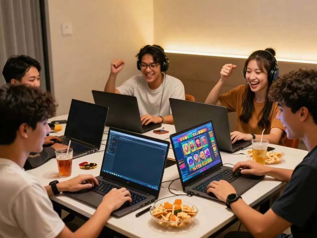 Friends enjoying a lively gaming session on situs slot gacor with laptops and smartphones in a modern gaming room.