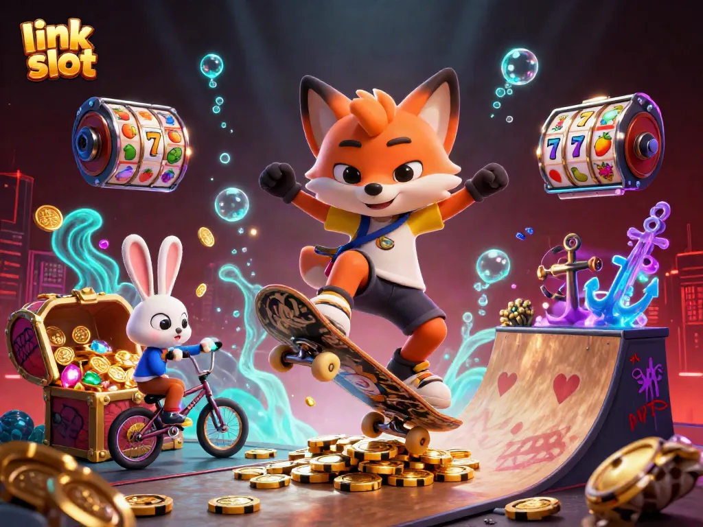 Experience the thrill of link slot games with a fox and rabbit in a vibrant casino world.