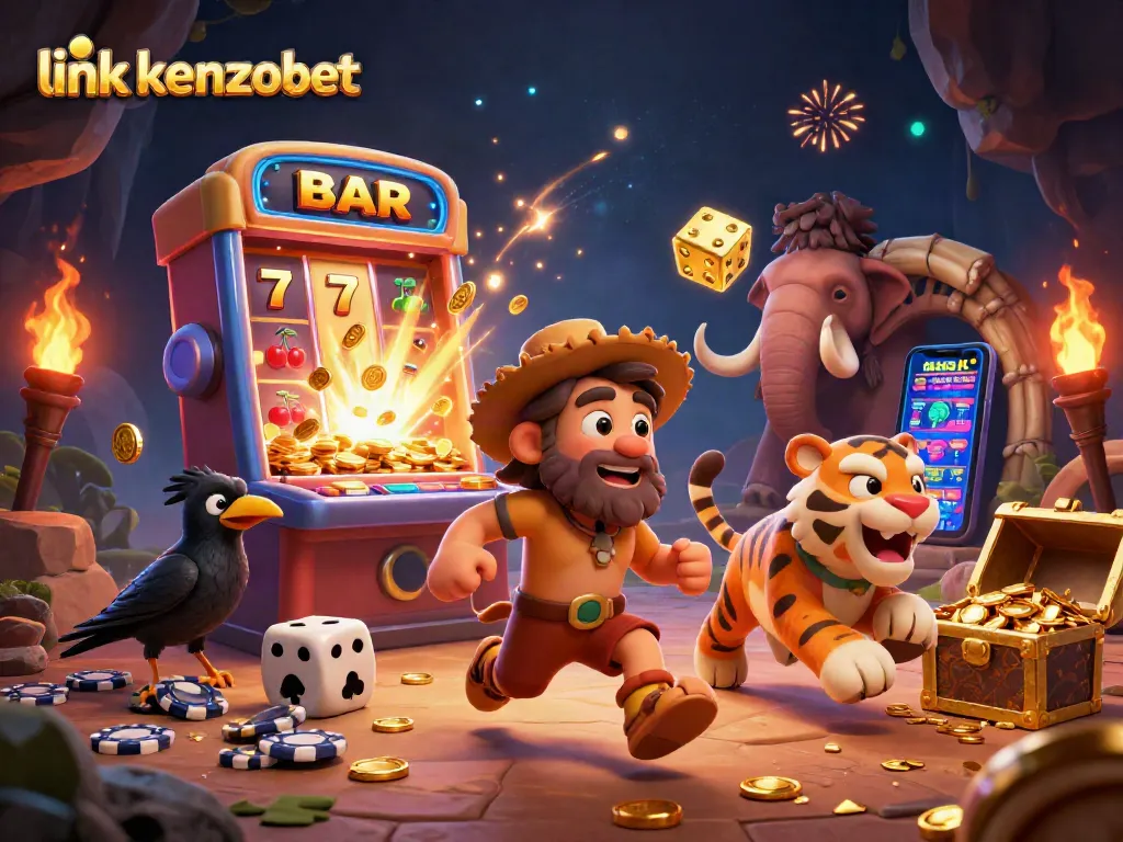 Experience the thrill of gambling with link kenzobet in a vibrant prehistoric casino scene.