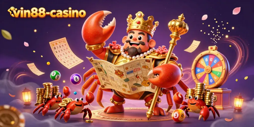 Experience thrilling games at vin88-casino with a vibrant scene of a golden crab emperor surrounded by exciting lottery elements.