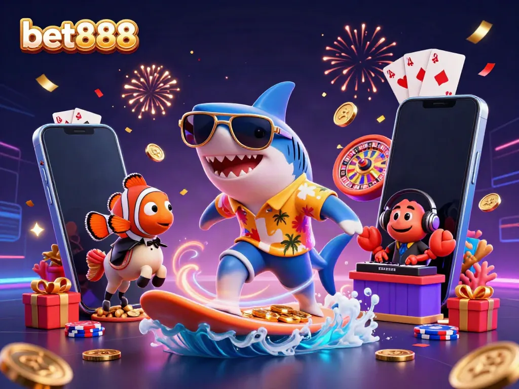 Experience the excitement of bet888 with a vibrant casino-themed illustration of a hammer-head shark and whimsical characters.