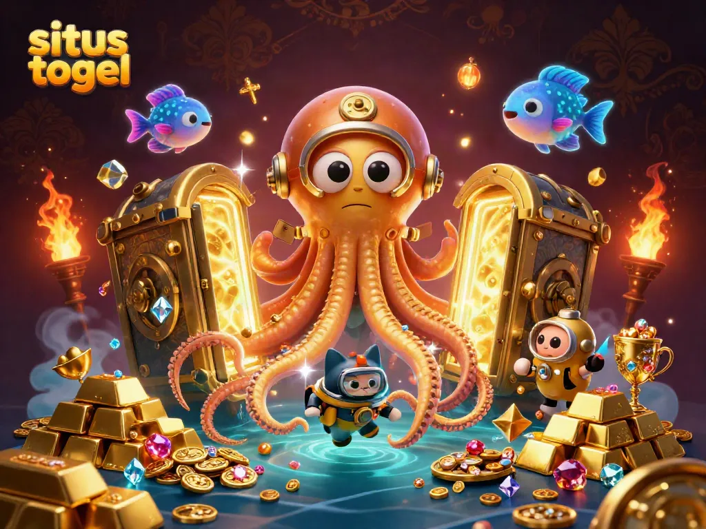 Experience situs togel with this 3D illustration of a kraken, diving cat, and treasure.