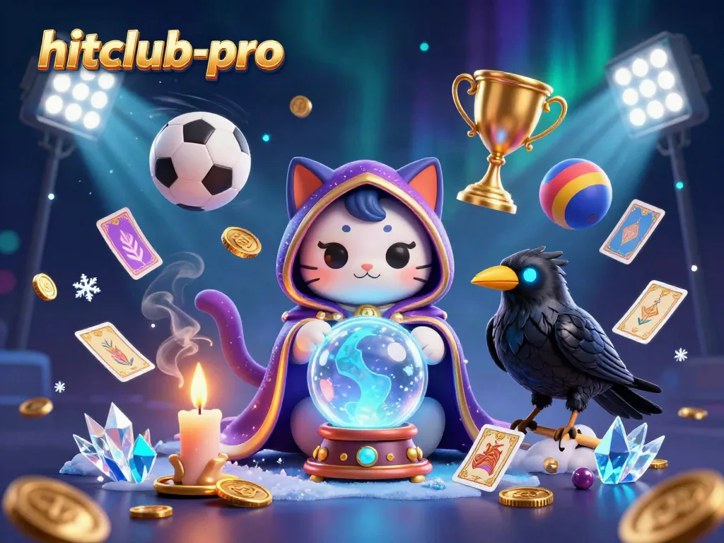 Engage with hitclub-pro's dynamic casino scene featuring a fortune teller cat and tarot raven amidst vibrant sports elements.