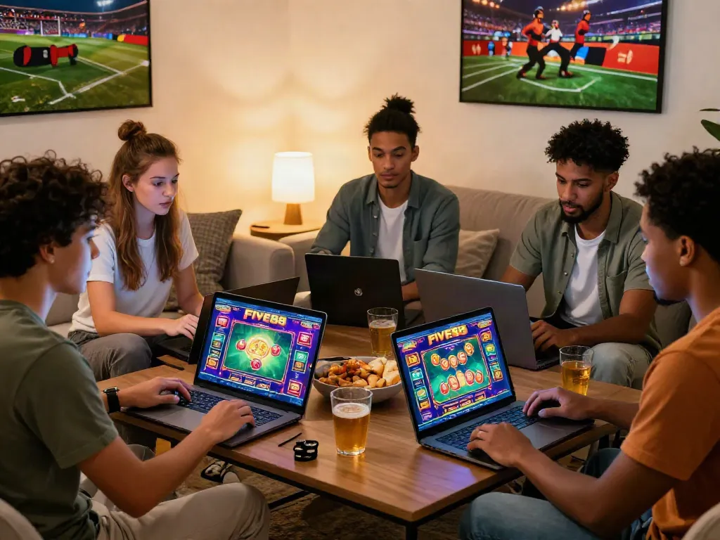 Friends enjoying online gaming at FIVE88 platform in a cozy living room.