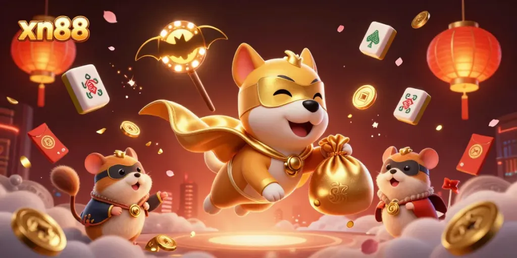 Experience the thrilling world of xn88 with a superhero dog flying, gold coins, and festive casino elements.