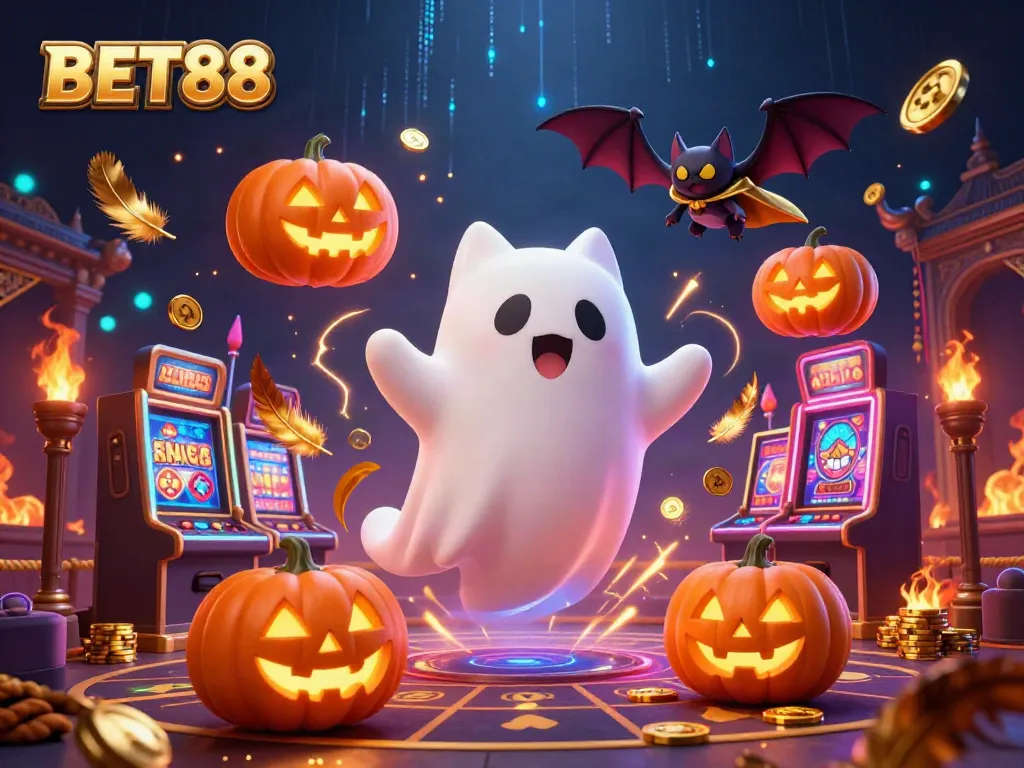 Experience thrilling gaming at BET88 with a ghost cat, vampire bat, and glowing jack-o-lanterns in a vibrant casino scene.