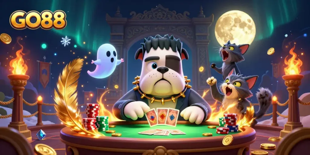 GO88 dealer interacts at a spooky table with golden-themed monsters in a vibrant casino scene.