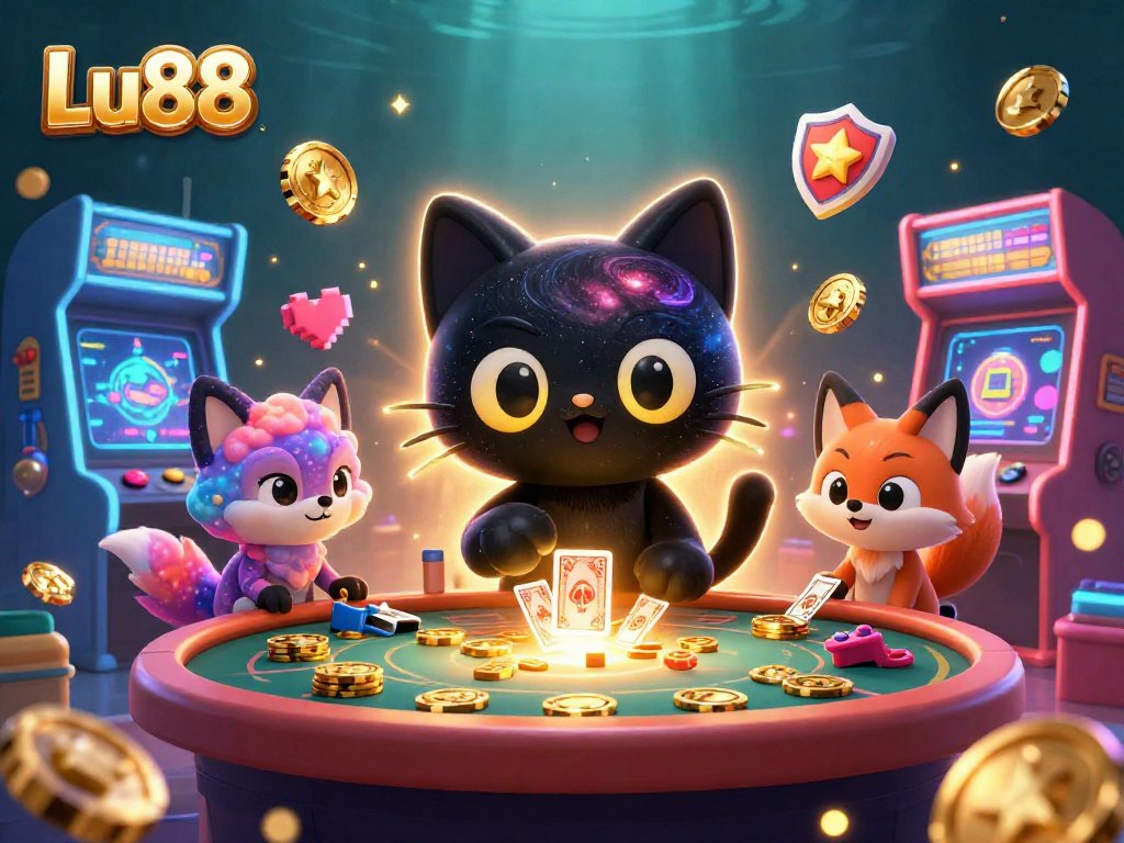 Engage with Lu88 at a cosmic casino table featuring colorful game elements and a whimsical scene.