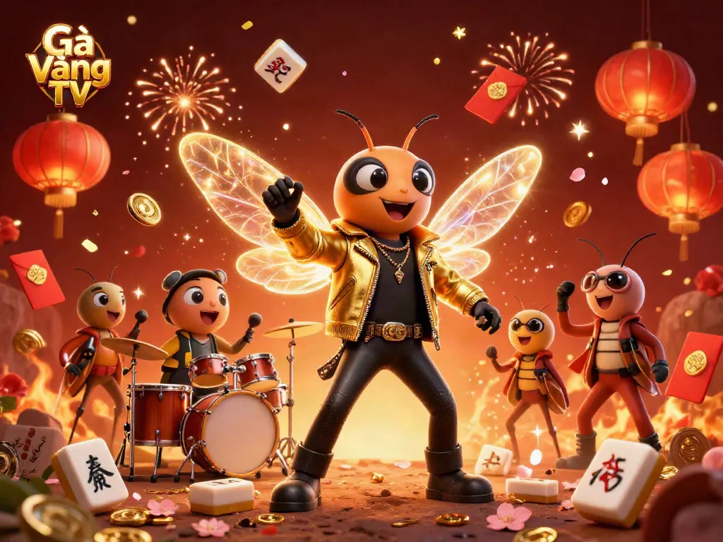 Experience the thrill of Gà Vàng TV with a captivating illustration of dynamic gambling elements and charismatic characters.