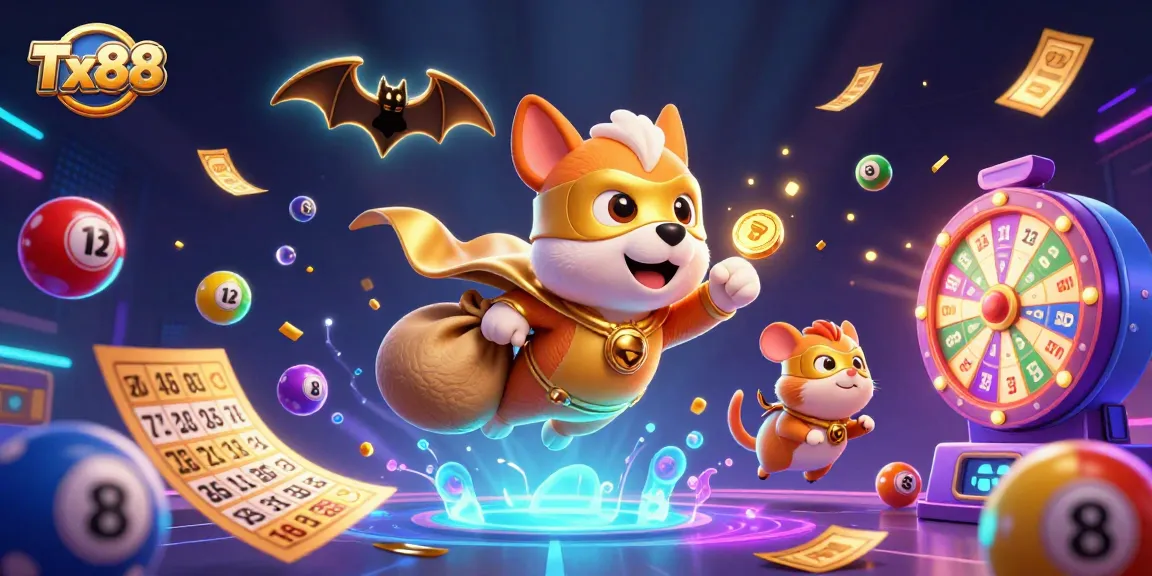 Engage with Tx88's thrilling casino atmosphere, featuring a flying superhero dog and vibrant game elements.