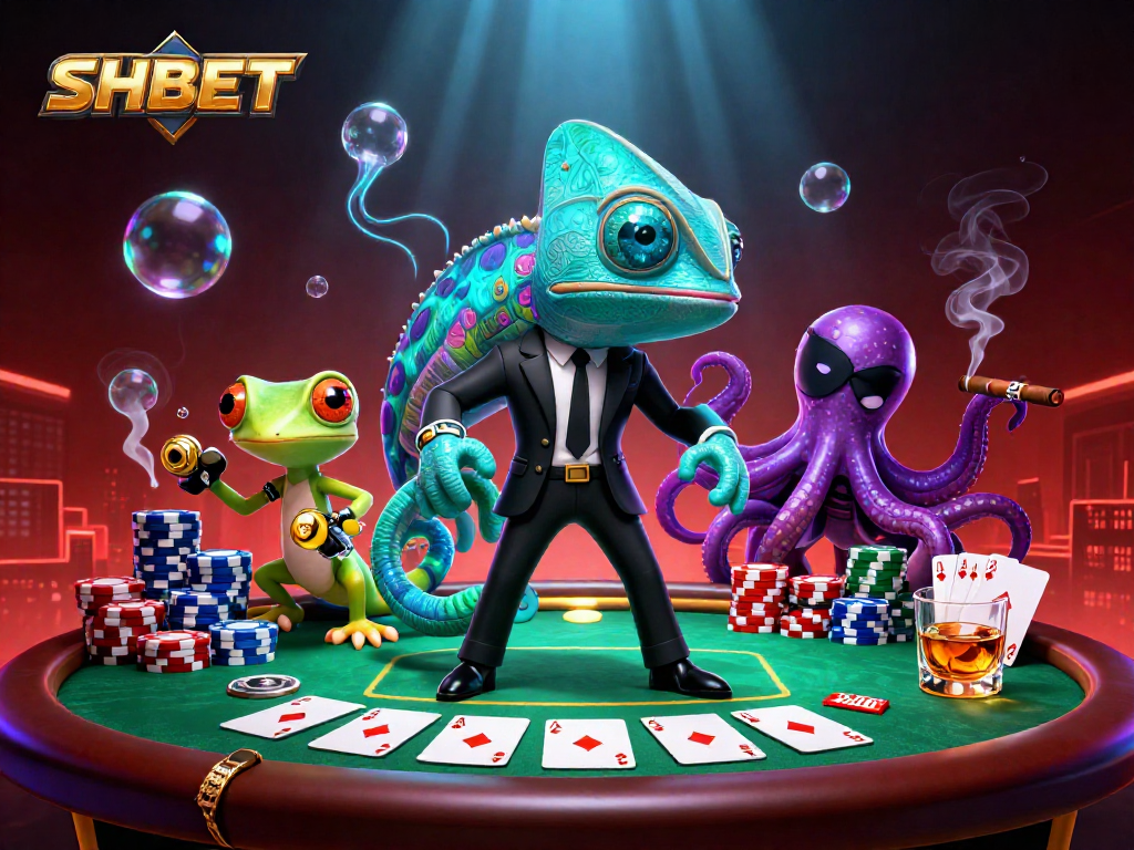 SHBET poker scene featuring a chameleon agent, tech-savvy gecko, and octopus villain in a vibrant casino