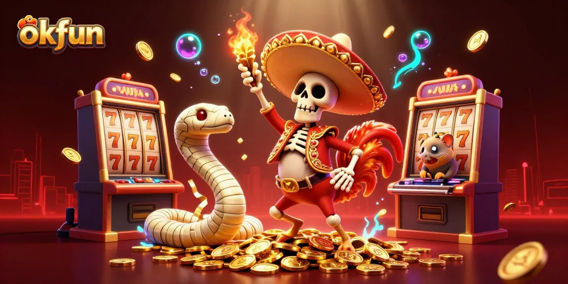 Win big with okfun in this vibrant online casino-themed illustration featuring engaging gambling elements.