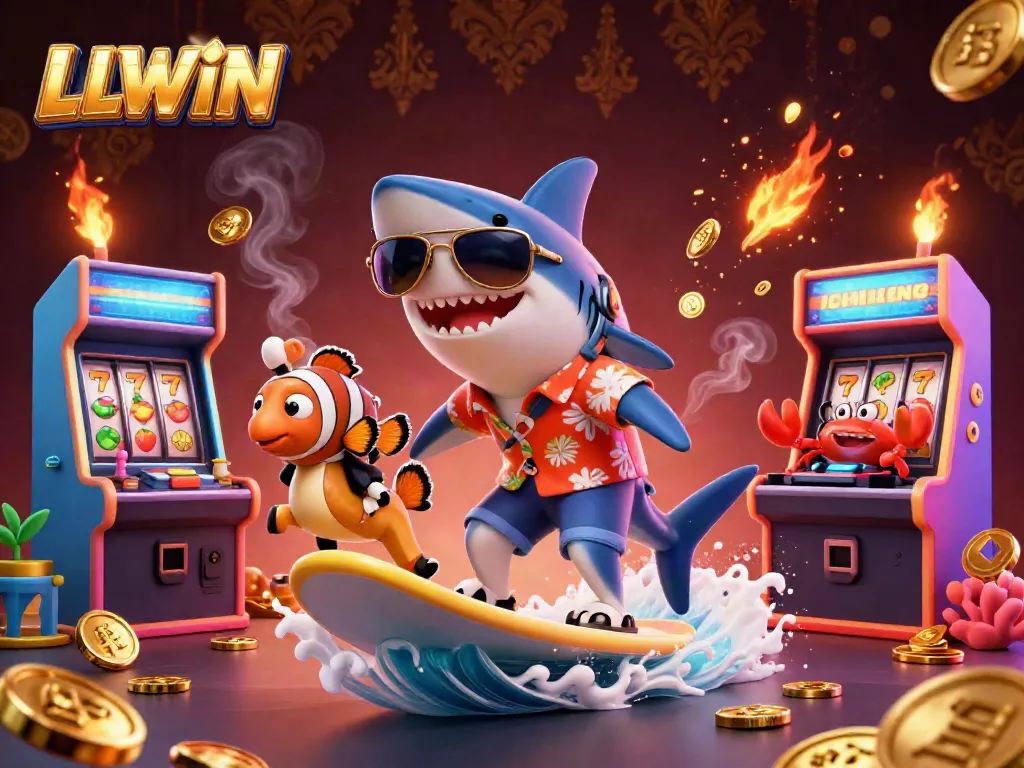 Experience the thrills of LLWIN with a shark surfing gold coins in a lively casino scene.
