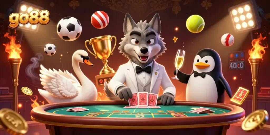 Engage with go88's vibrant casino scene featuring a debonair wolf, elegant swan, and sophisticated penguin.