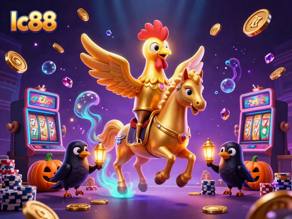 Engage with lc88's vibrant casino atmosphere featuring a golden rooster and glowing elements.