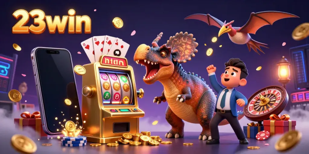 Catch the excitement with 23win as a pachycephalosaurus wins a jackpot, surrounded by dynamic casino elements.
