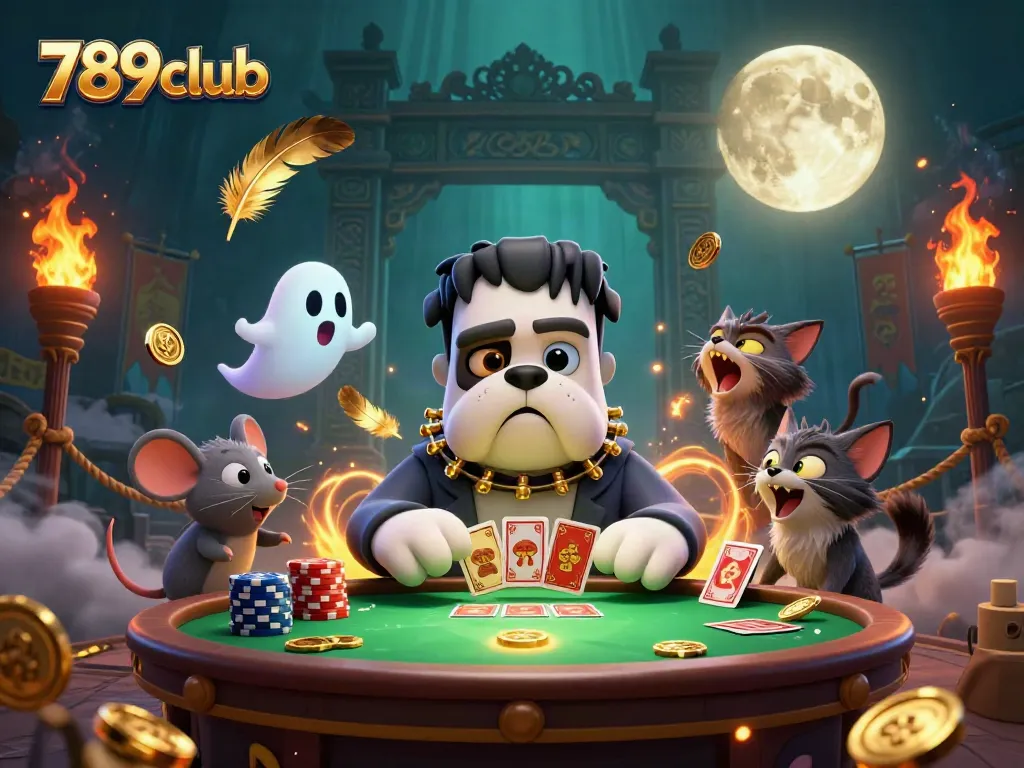 Join the fun at 789club with a mystical scene of a Frankenstein bulldog dealing cards amid gold tokens.