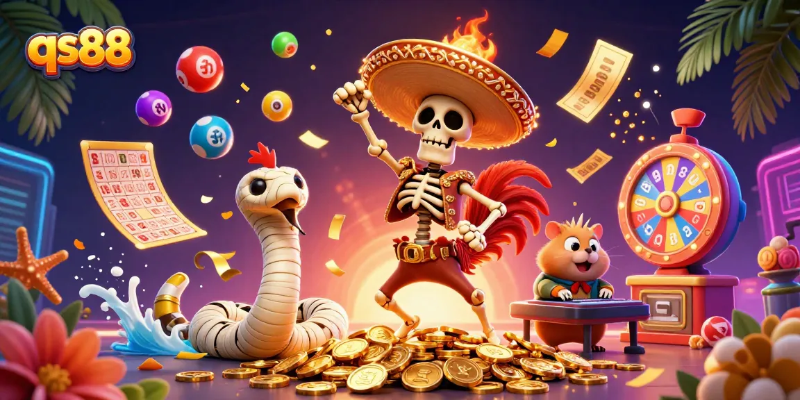 Experience thrilling wins at qs88 with a victorious mariachi dancing on coins amidst vibrant colorful gambling elements.