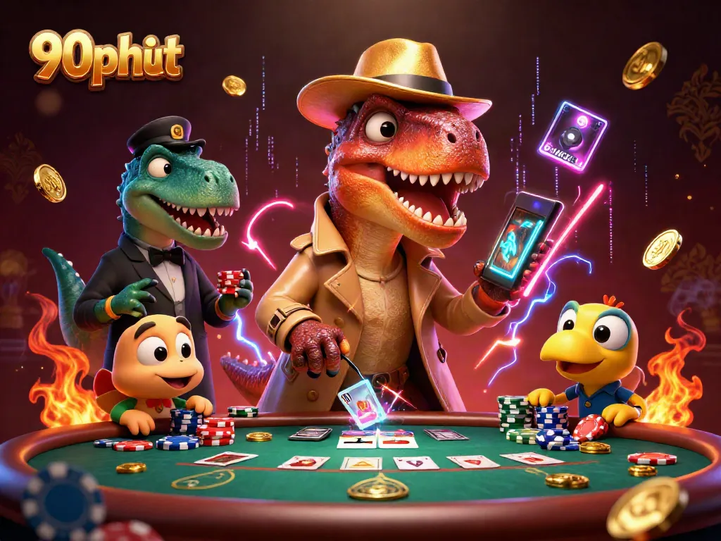 90phut poker scene with a velociraptor card counter, stegosaurus pit boss, and compy pickpocket sneaking chips.