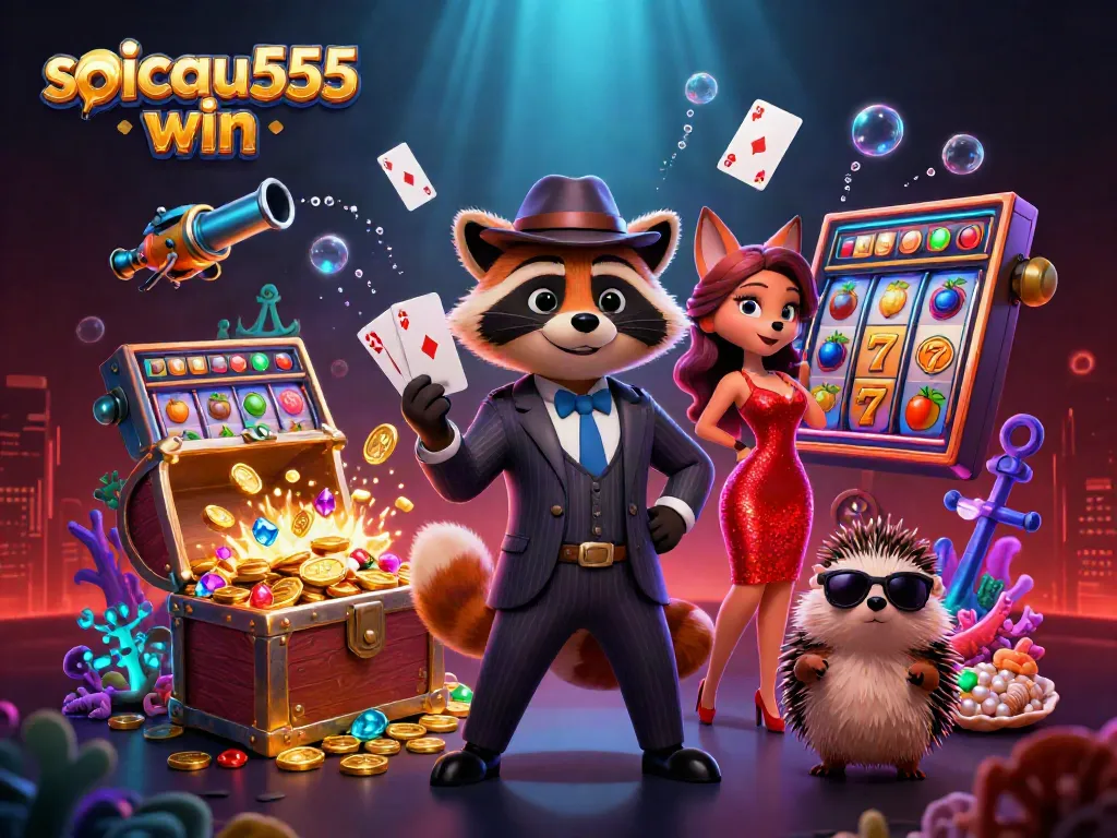 Engage with the thrilling world of soicau555 win featuring a charming raccoon and fox celebrating a royal flush amid dazzling casino elements.