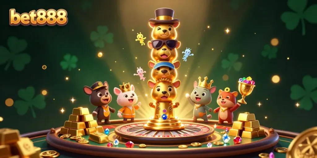 Engage with bet888's lively casino experience featuring a golden totem and vibrant characters amidst shining treasures.