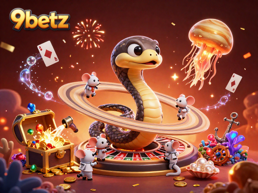 Experience captivating cosmic betting adventures with 9betz featuring 3D characters and casino elements.