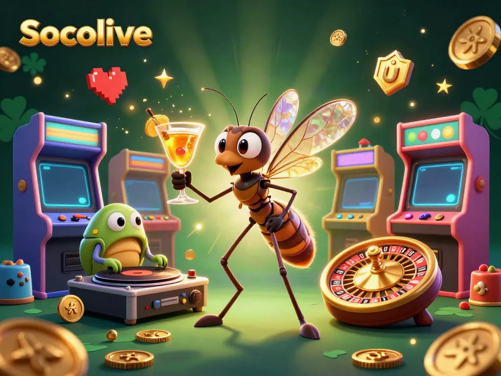 Socolive showcases a vibrant fantasy casino scene with a frozen mosquito mascot and trilobite DJ.